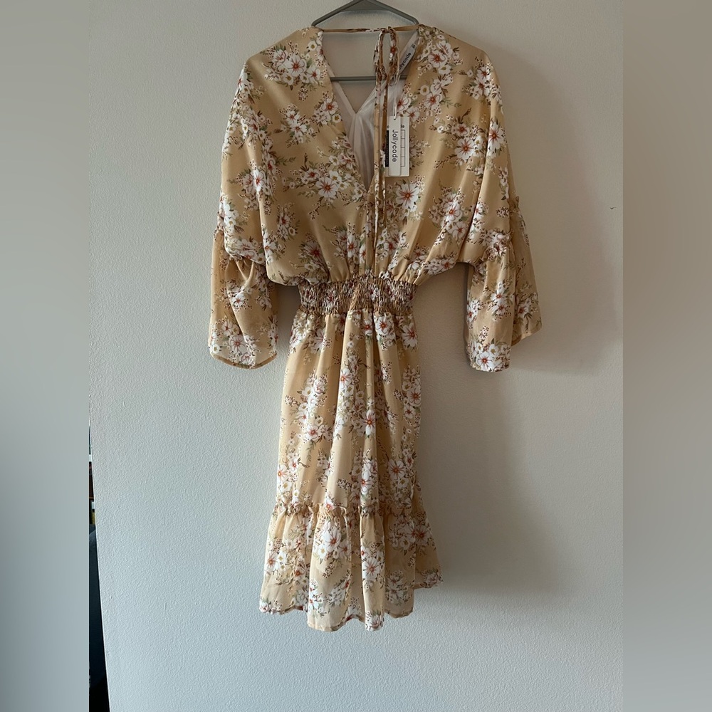 NWT Floral Beige Dress with Ruffle Hem
